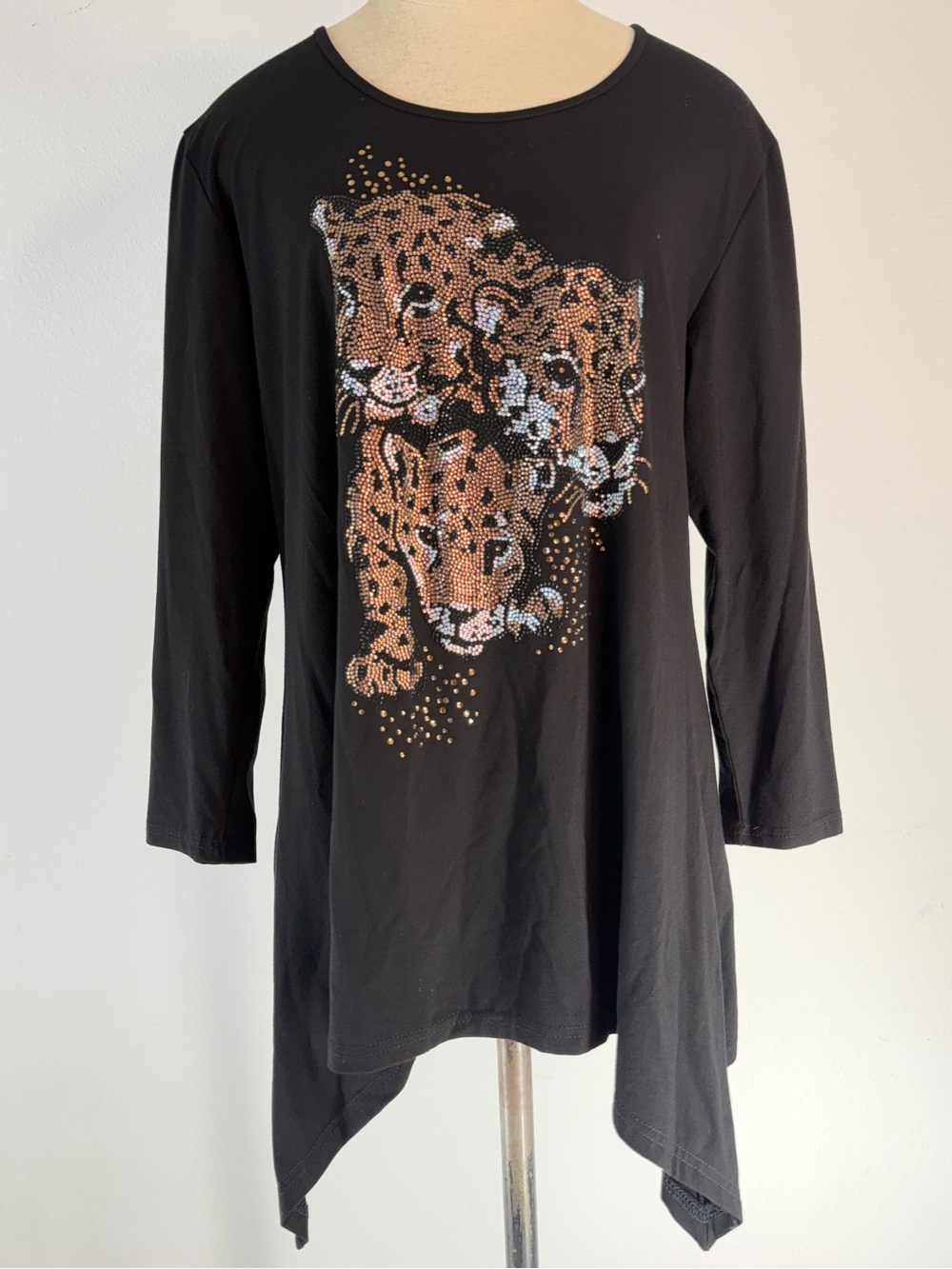 Vintage Y2K Gardy Black‎ Rhinestone Tiger Tunic Top Jersey Stretch Small Glam